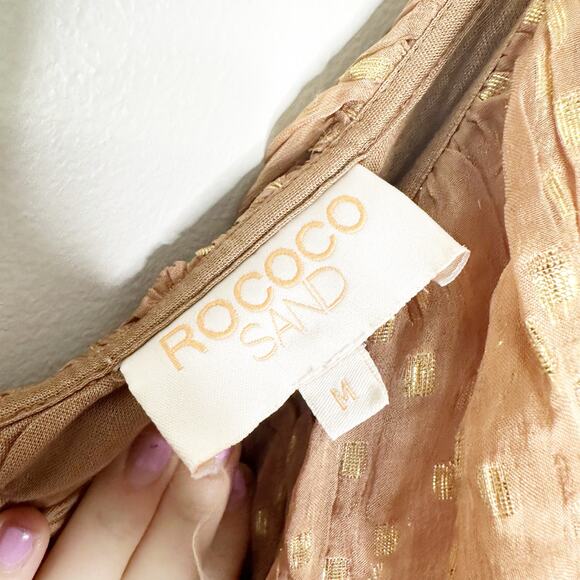 Rococo Sand Aine One Shoulder Tan Gold Ruffle Mini Dress Medium - Picture 8 of 11